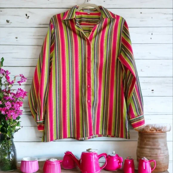 Foxcroft Striped Long Sleeve Button Down Shirt Size 14 - Picture 5 of 10